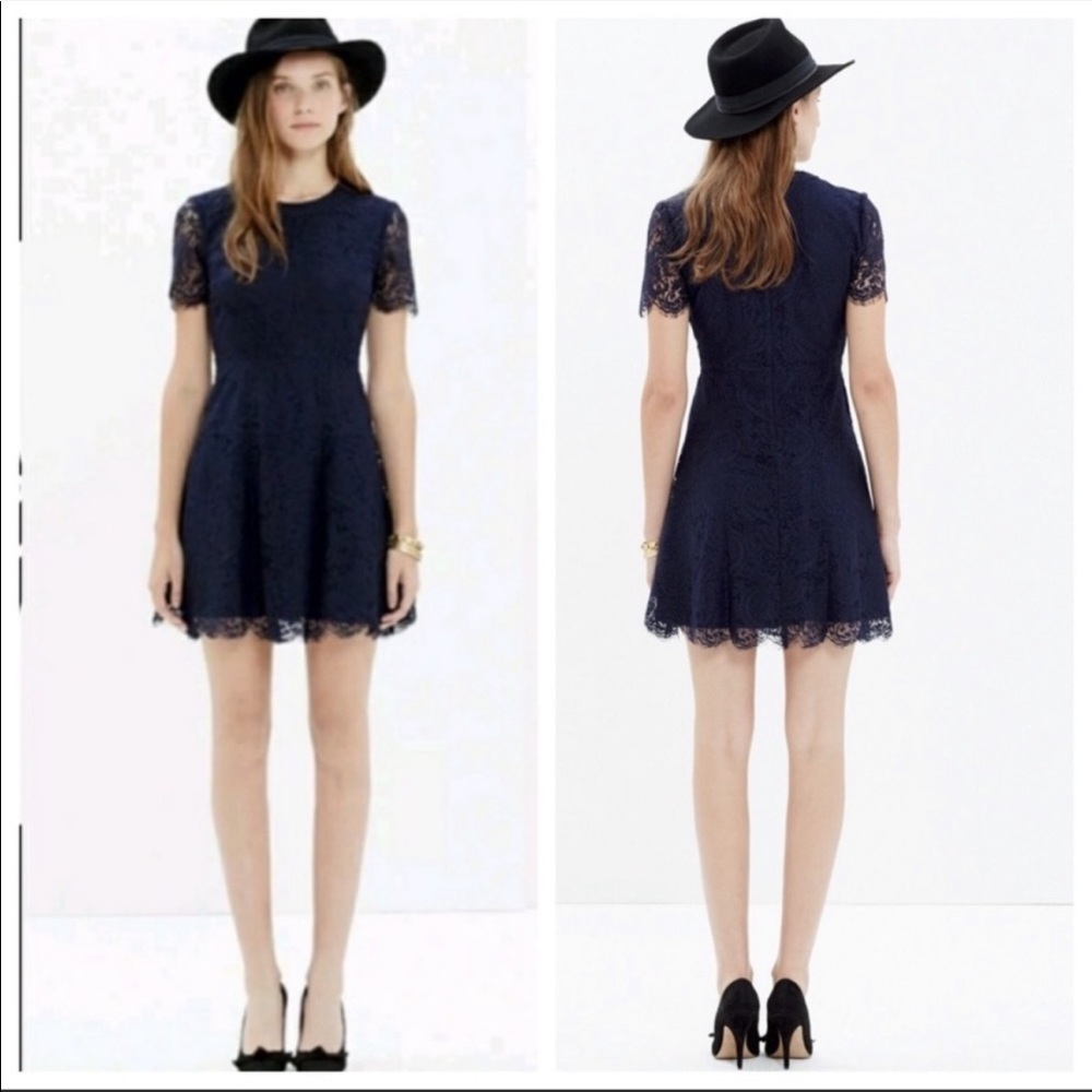 New Madewell Lace Navy Lace Shift Dress with Scalloped Edges, Size 2
